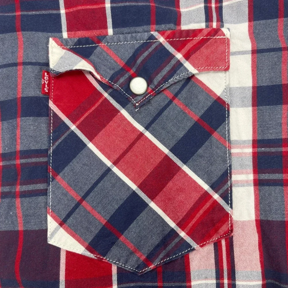 Levi's Western Pearl Snap Shirt XXL Red‎ Blue Plaid Long Sleeve Cotton Yoke